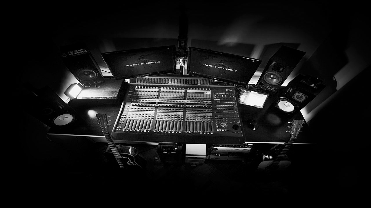 Music Studio A control room and mixing console