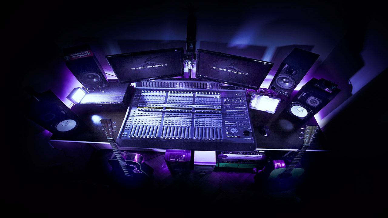 Music Studio A control room and mixing console